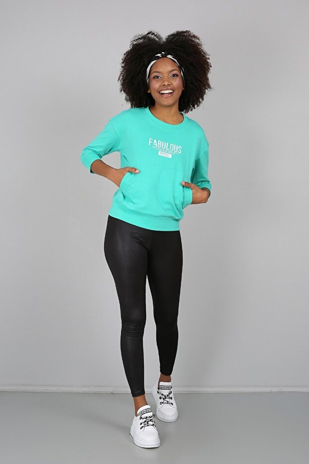 Aqua Green Printed Kangaroo Pocket Half Sleeve Sweatshirt