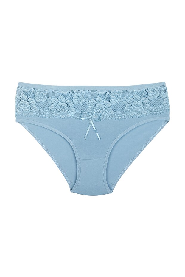 Blue Cotton Front Stripe Lace Detailed Plus Size Women's Panties