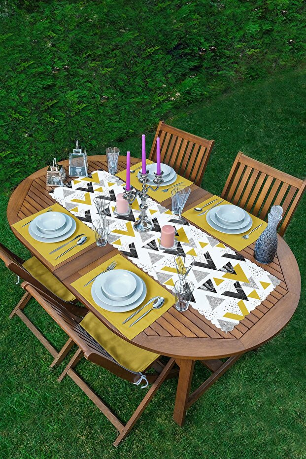 Marble Detailed Black and White Geometric Motif 1 Runner & 4 Colorful Placemat
