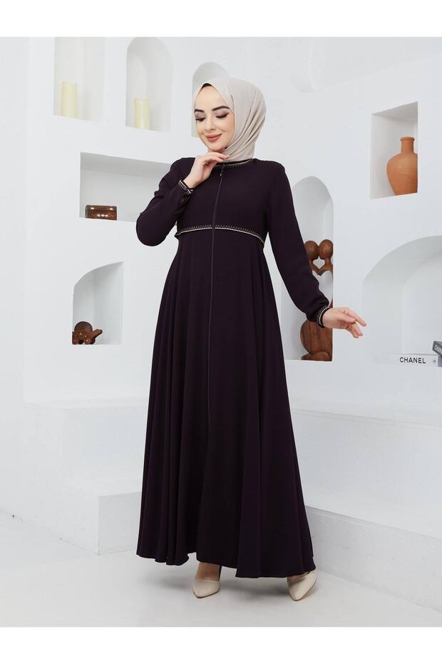 Summer Mevlana Model Flared Abaya and Topcoat with Patterned Sleeves and Waist