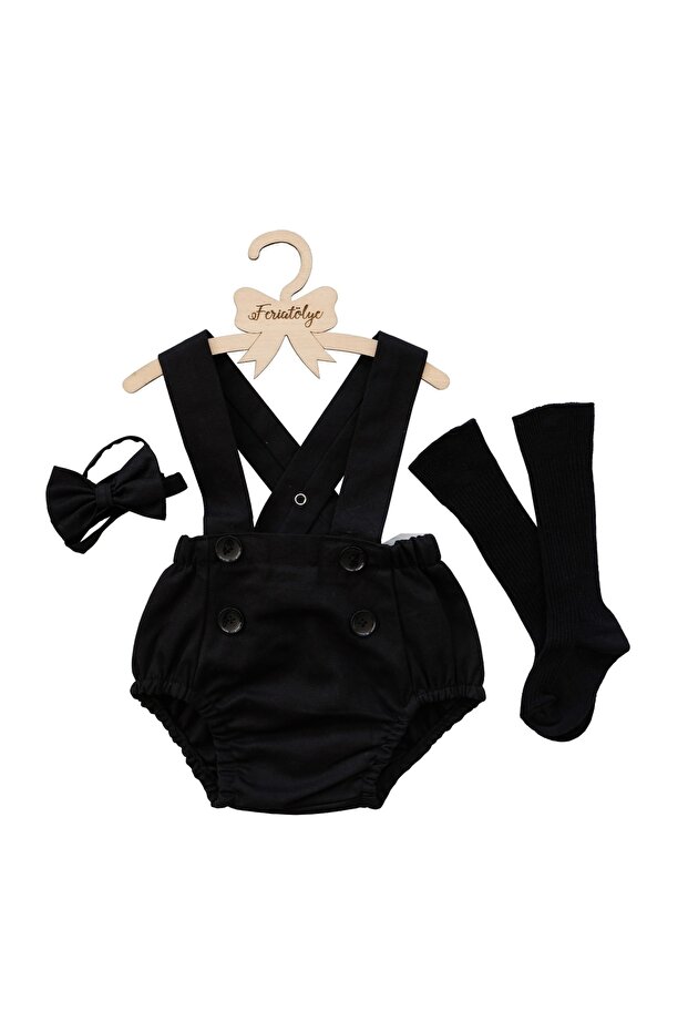Black Salopet Bow Tie and Socks Set Birthday 1 Year Old Shooting Outfit