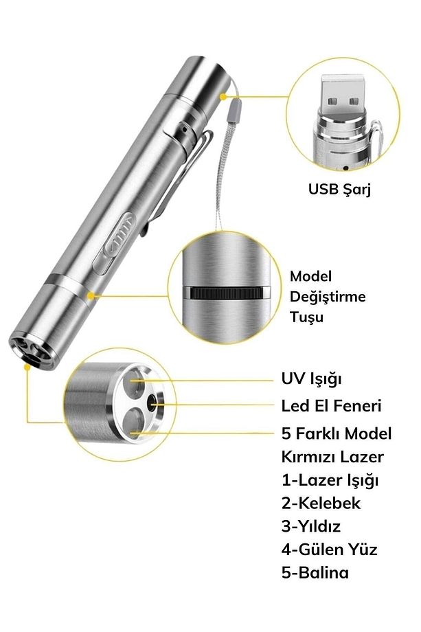 Usb Ile Şarj Edilebilen 3 In 1 Lazer Pointer Uv El Feneri + El Feneri Kırmızı Işık + Beyaz Meşale - 5