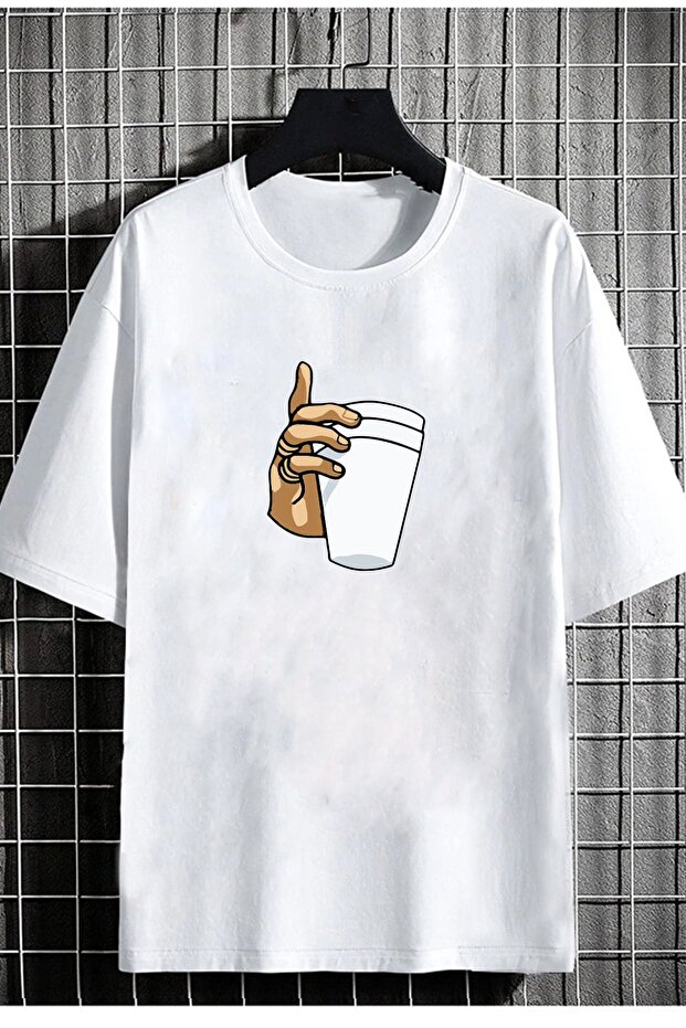 Unisex Oversize T-shirt Bardak Ön Baskılı Beyaz - 1