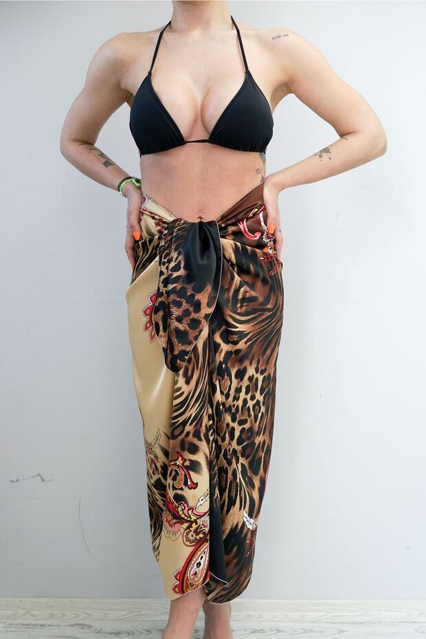 Brown Leopard Print Long Pareo Women's Beach Dress New Season
