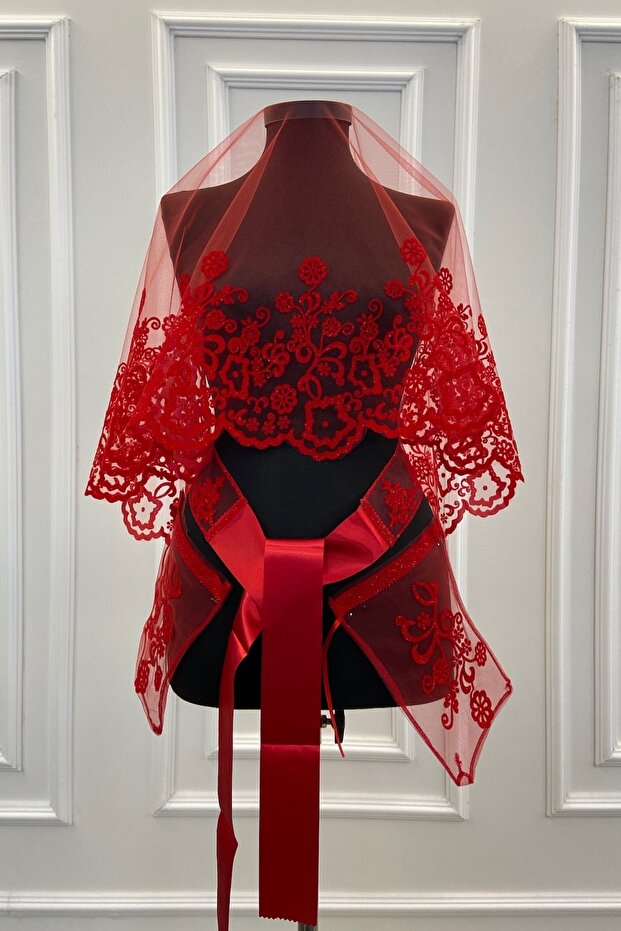 Red Flower Pattern Flock Printing Lurex Bridal Veil Sash Gloves Set