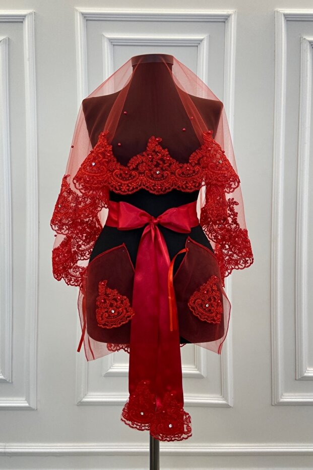 Red Lace, Shiny Stone and Pearl Decorated Bridal Veil Set