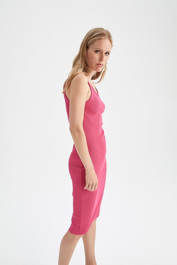 Bodycon Askılı Midi Örme Elbise - 5