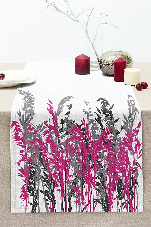 Gray and Fuchsia Floral Digital Printed Stitched Rahel Knitted Runner on White Background