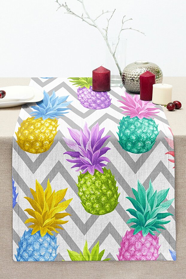 Gray Zigzag Patterned Pineapples Modern Stitched Raschel Knitted Runner - 1
