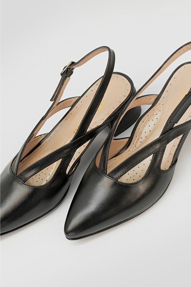 Women's Black Genuine Leather Heeled Shoes Size 35-41