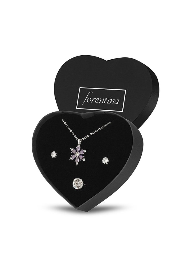 Purple Jewelled Flower Necklace Earring Ring Jewelry Set Ps2398