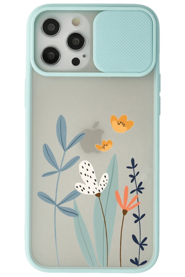 iPhone 12 Pro Water Green Camera Protected Sliding Flower Printed Silicone Case