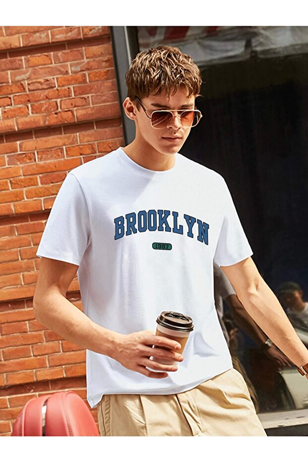 Unisex Knitted Brooklyn 1987 Printed White Cotton T-Shirt