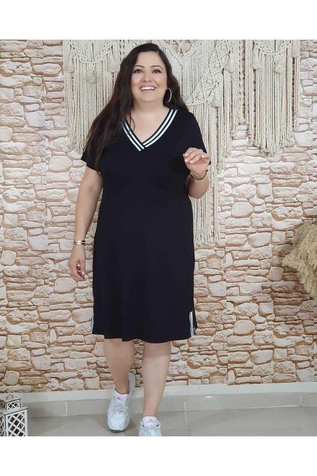 Large Size Imported Viscose Fabric Lycra White Ribbed Summer V-neck Side Slit Black Dress