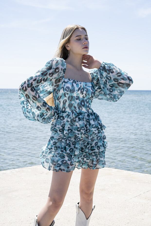 Spring Blue Leopar Desenli Elbise - 3