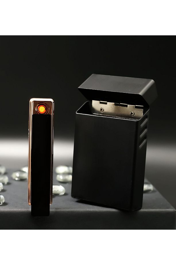 Siyah Usb Şarjlı Elektronik Çakmak & Siyah Renkli Metal Sigara Kutusu Hediye Seti - 1