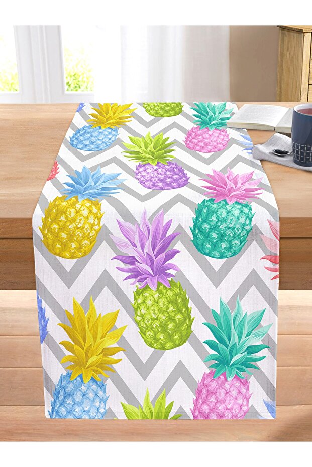 Gray Zigzag Patterned Pineapples Modern Stitched Raschel Knitted Runner - 2
