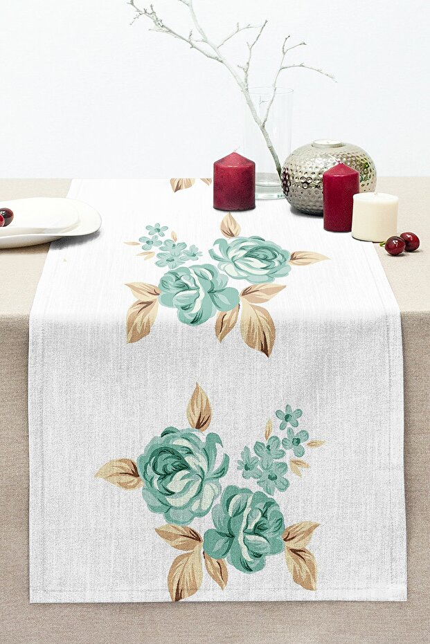 Brown Mint Green Rose Motif Digital Printed Stitched Raschel Knitted Runner