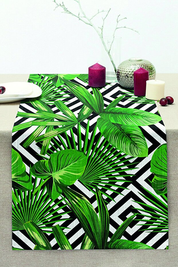 Digital Printed Modern Stitched Raschel Knitted Runner with Green Leaf Pattern on Geometric Floor