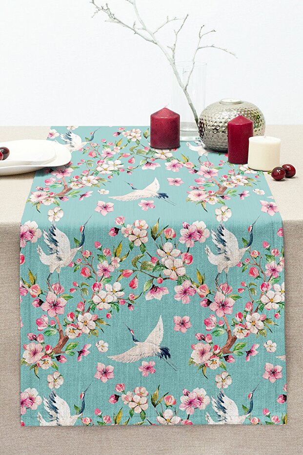 Mint Green Background Modern Stitched Raschel Knitted Runner with Flower Stork Motif