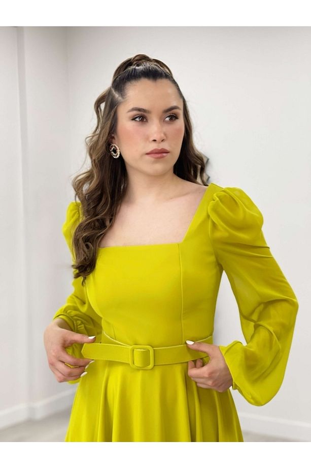 Şifon Krep Kumaş Kare Yaka Midi Elbise - Sarı - 3