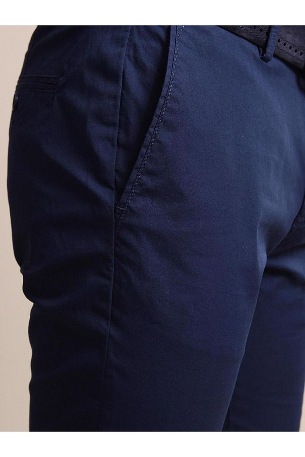 Gece Mavisi Düz Dokuma Regular Fit Casual Pamuk Karışımlı Pantolon - 5