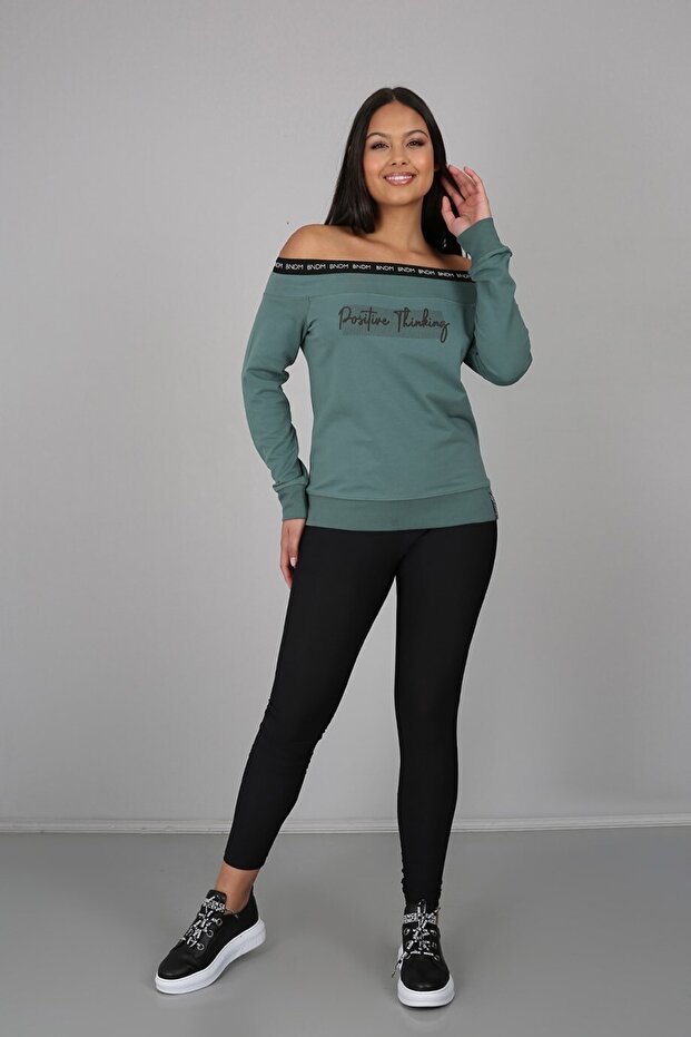 Dark Green Stripe Detailed Printed Boat Neck Sweatshirt