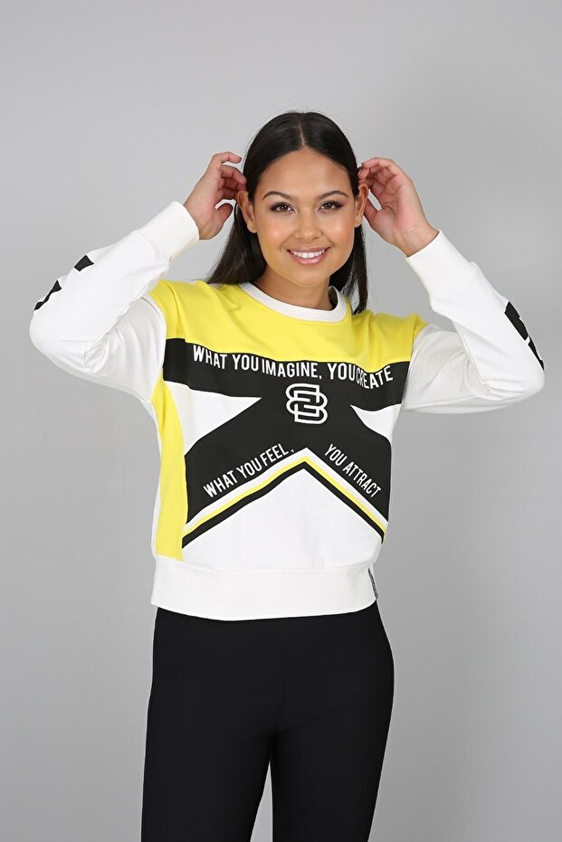 White Yellow Printed Crew Neck Sweatshirt