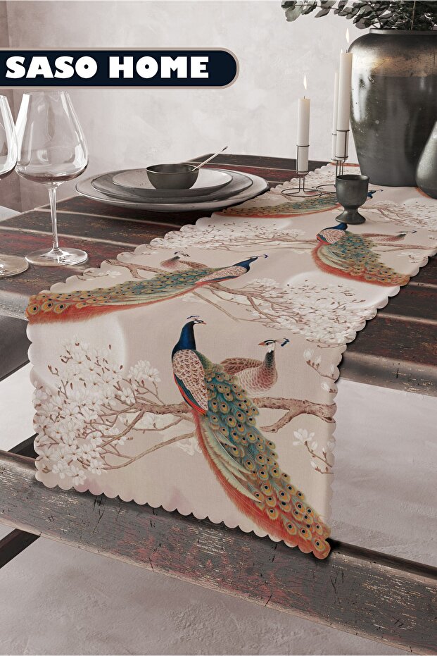 Asian Peacock Sunset Patterned Quality Velvet Fabric 45x140 Cm Decorative - Gift Runner