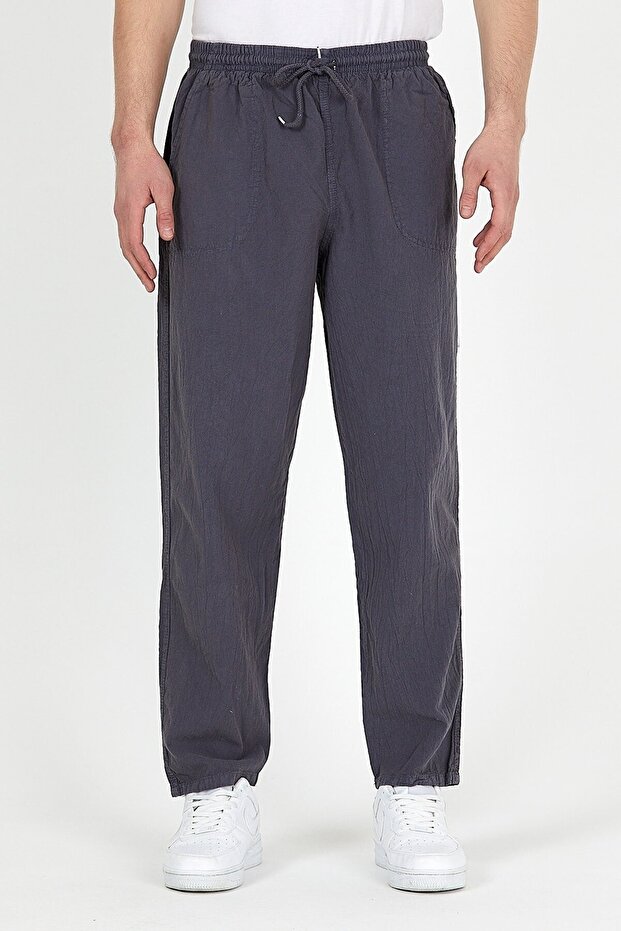 Unisex Raw Cloth Summer Comfortable Elastic Waist Corded Linen Look Cotton Trousers