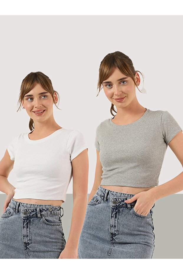Women's White Gray Corded Crew Neck Crop Blouse 2 Pack