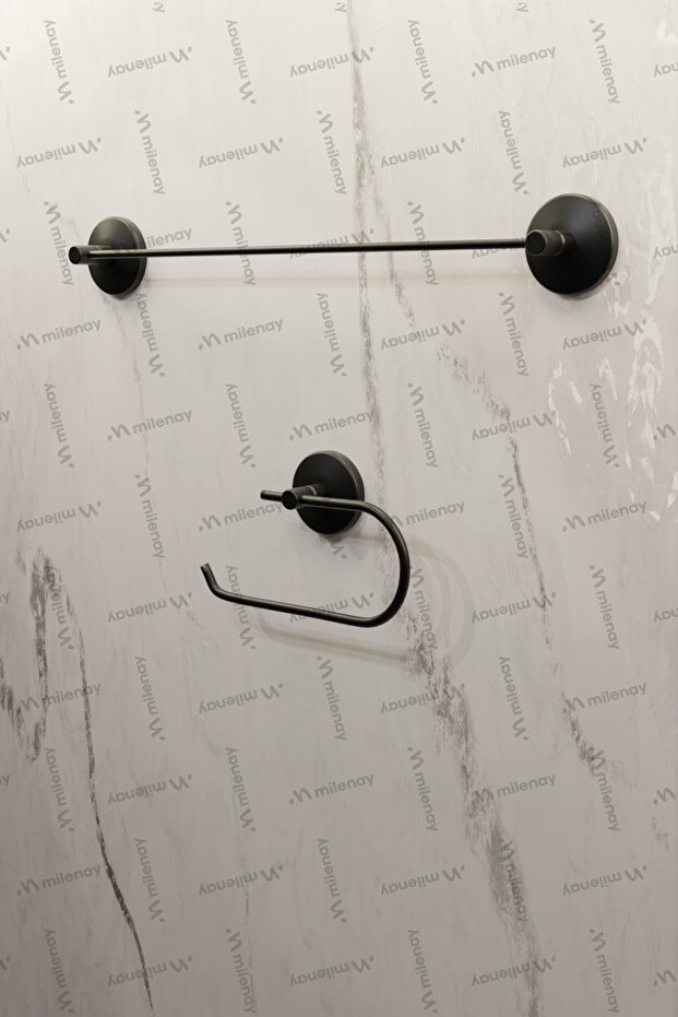 Black Economical 2-Piece Bathroom Set, Assembled Set, Open Paper Holder and Long Towel Holder