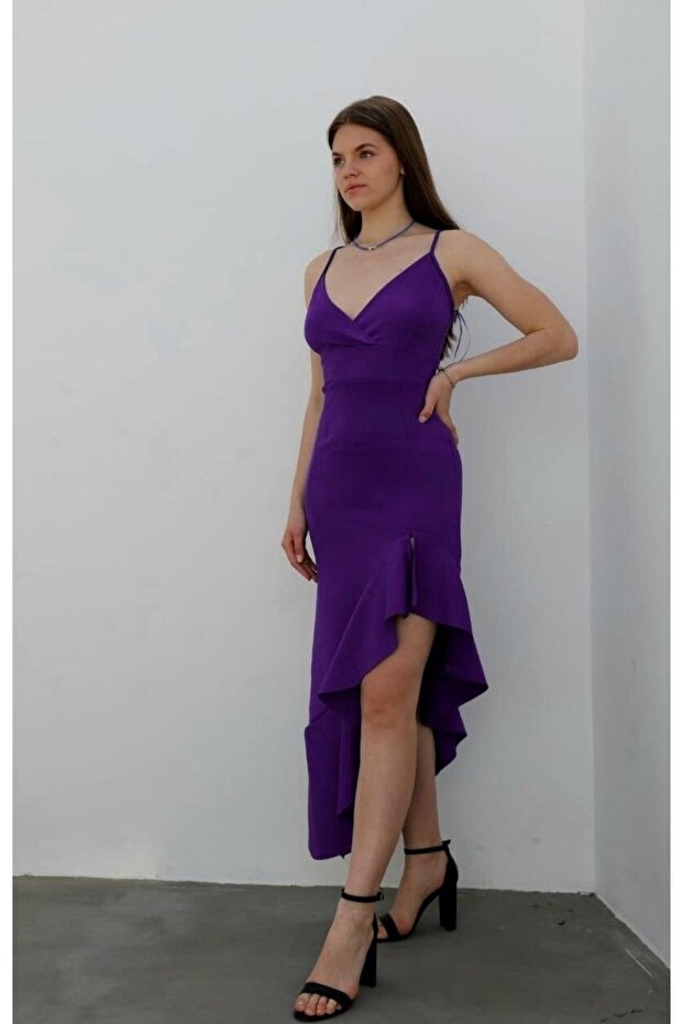 Q Thin Strap Flounced Hem Long Graduation Wedding Dress 581708 090