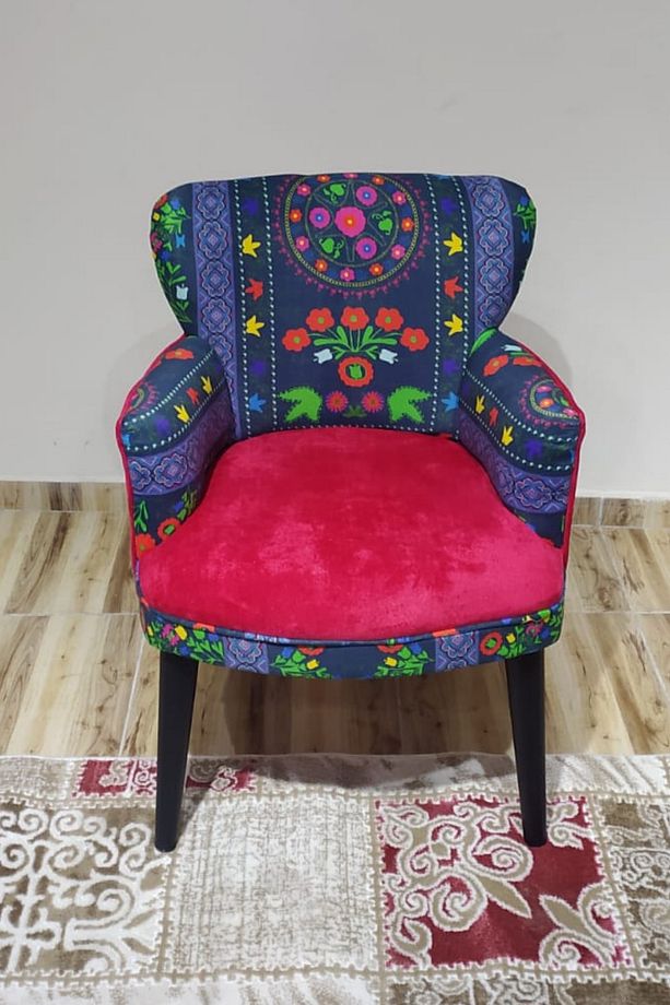 Berjer - Tekli Koltuk - Etnik Desen - Ahşap Ayak - Nubuk Kumaş - Kırmızı - 2