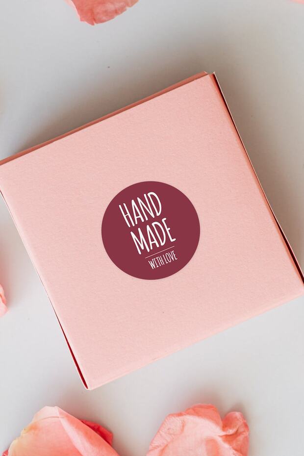 Handmade With Love Yazılı Yuvarlak Yapışkanlı Elyapımı Ürün Ambalaj, Paket Etiketi Sticker - 1