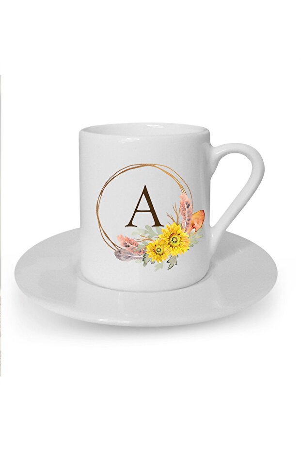 White Flower Patterned Turkish Coffee Cup with Letter A Printed