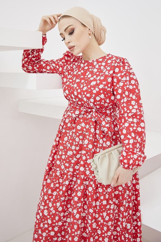 Erfa فستان بنمط كريسبي بحزام - أحمر - 3