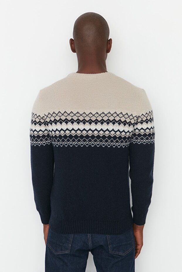Marineblauer Slim-Fit-Wollpullover mit Rundhalsausschnitt und Jacquard-Strickpullover TMNAW21KZ0738 - 5