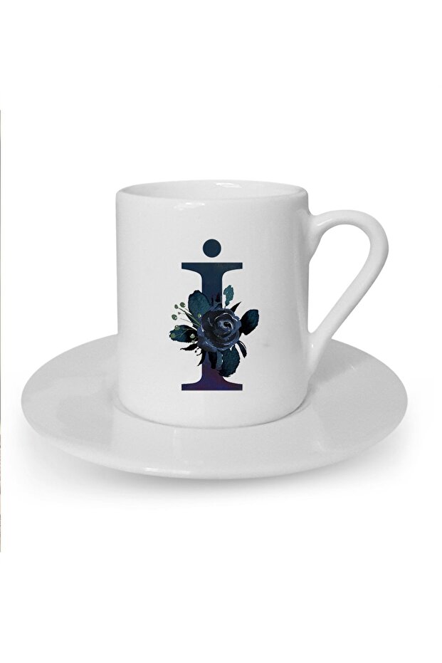 White Turkish Coffee - Black Rose Letter I Printed Cup