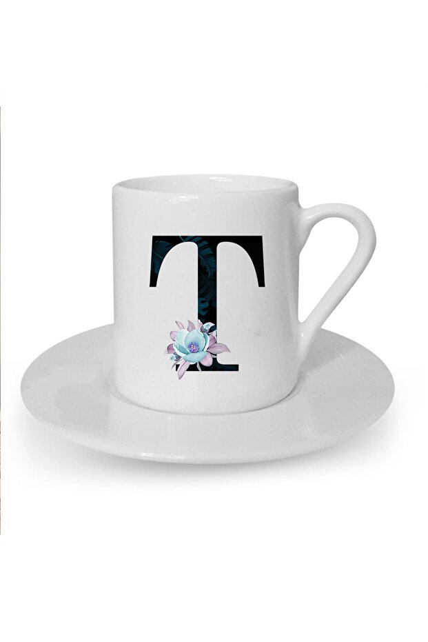 White Turkish Coffee Cup - Blue Floral, Letter T Printed