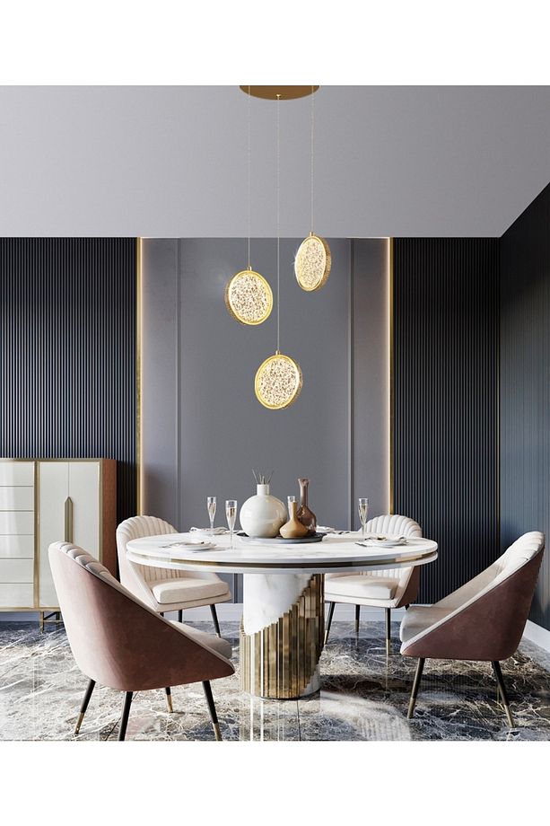 Luxury Exclusive Üçlü Sarkıt Led Avize Gold Sarı Ledli Avize - 2
