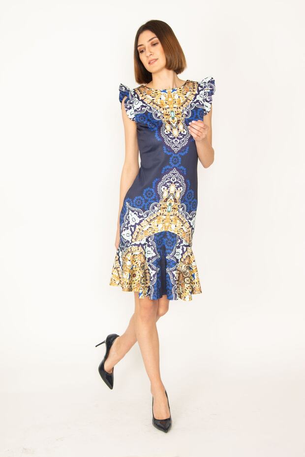 Women's Navy Blue Flounce Detailed Lined Dress 85n7029