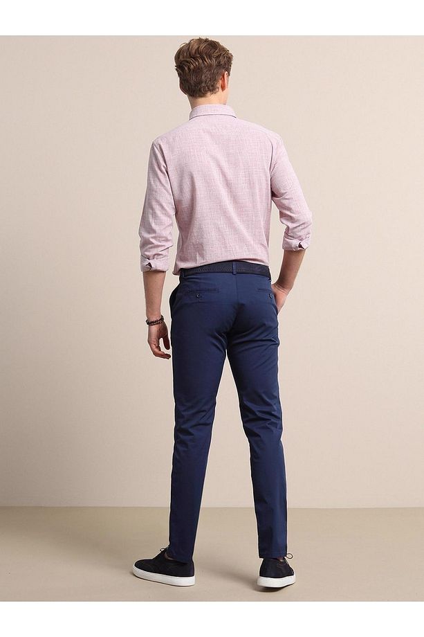 Gece Mavisi Düz Dokuma Regular Fit Casual Pamuk Karışımlı Pantolon - 3