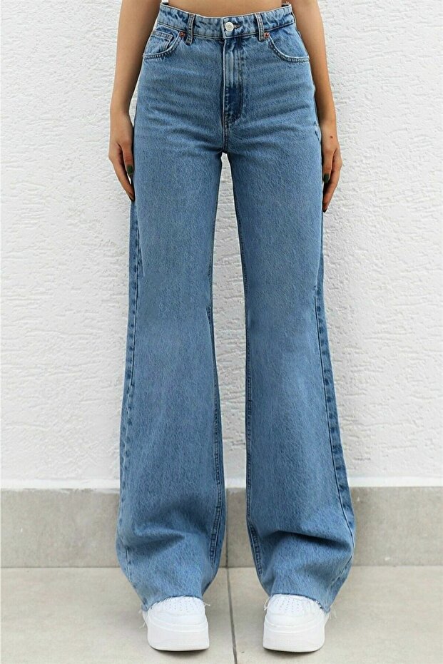 Loiss Blue Lycra Super High Waist Loose Jeans Palazzo Pants. (Super High)