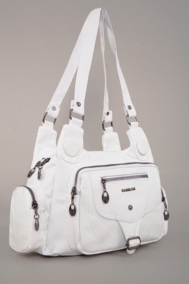 Women's White Washed Leather Multi-Compartment Shoulder and Shoulder Bag