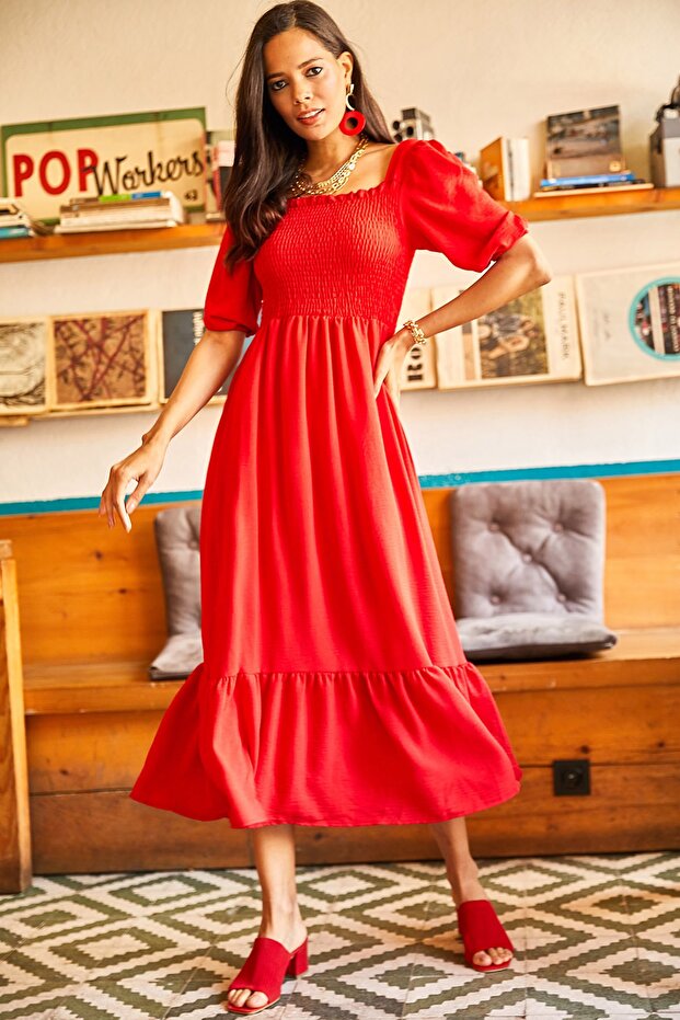 Women's Red Top with Glitter Square Collar Bodrum Dress ELB-19001557
