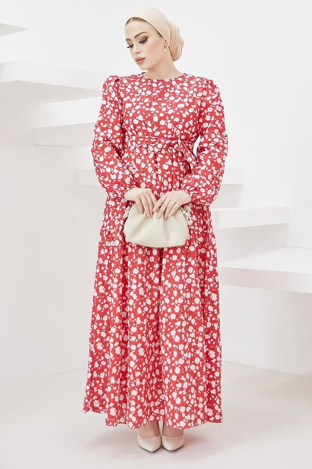 Erfa فستان بنمط كريسبي بحزام - أحمر - 4