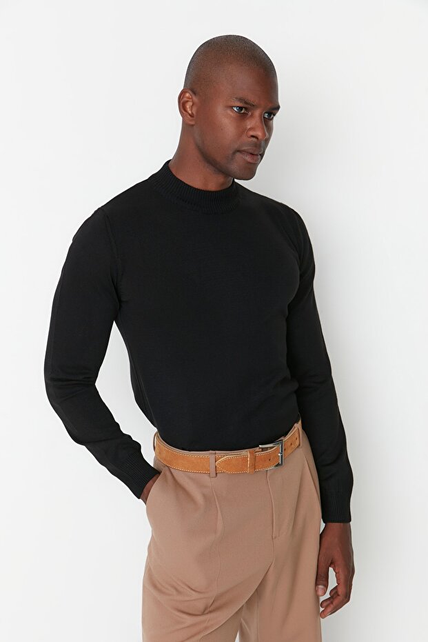 Siyah Slim Fit Dar Kesim Yarım Balıkçı Yaka Basic Kazak TMNAW21KZ0758 - 7