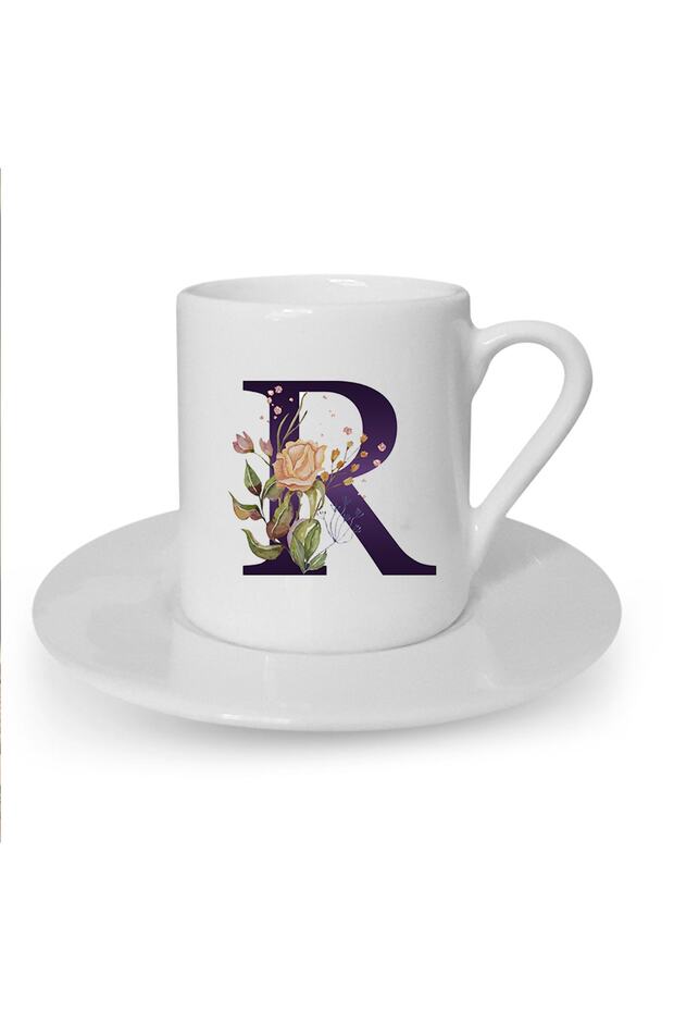 White Turkish Coffee - Brown Rose Letter R Printed Cup