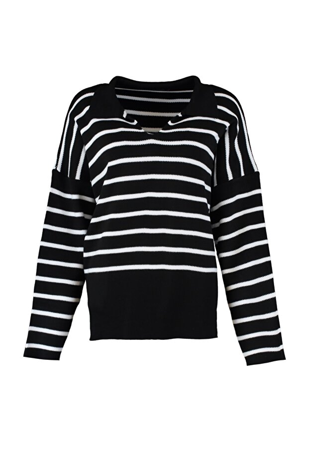 Schwarzer Oversize-Strickpullover mit Polokragen - 6